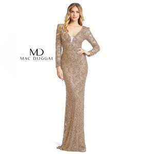 New Mac Duggal 5177‎ BEADED ILLUSIONS PLUNGE NECK LONG SLEEVE Mocha Gown sz 16
